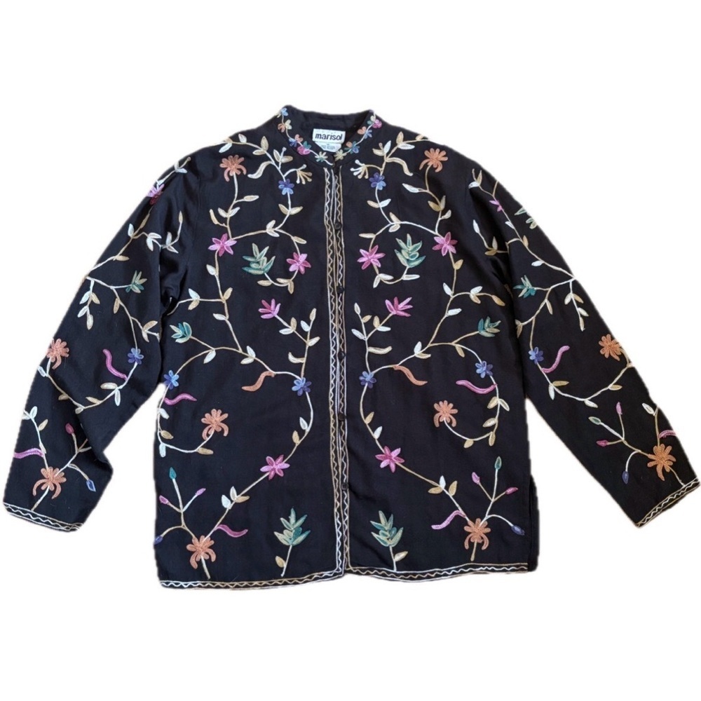 Vintage Marisol Black Floral Embroidered Button Front Shirt Size Medium Boho